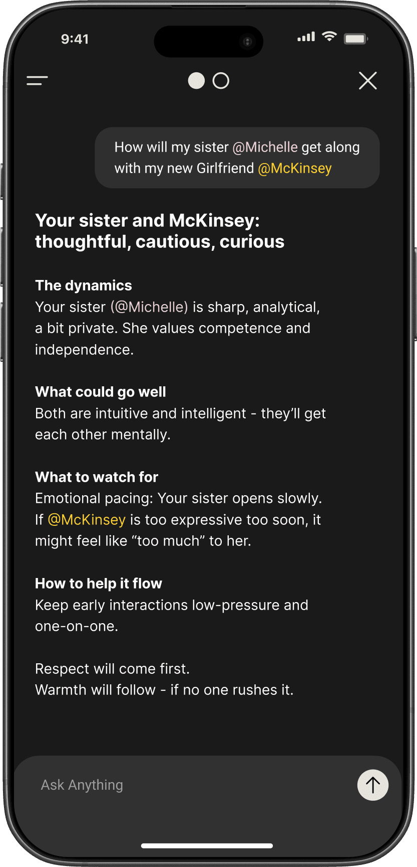 Mirror Social AI chat interface for relationship insights and compatibility analysis