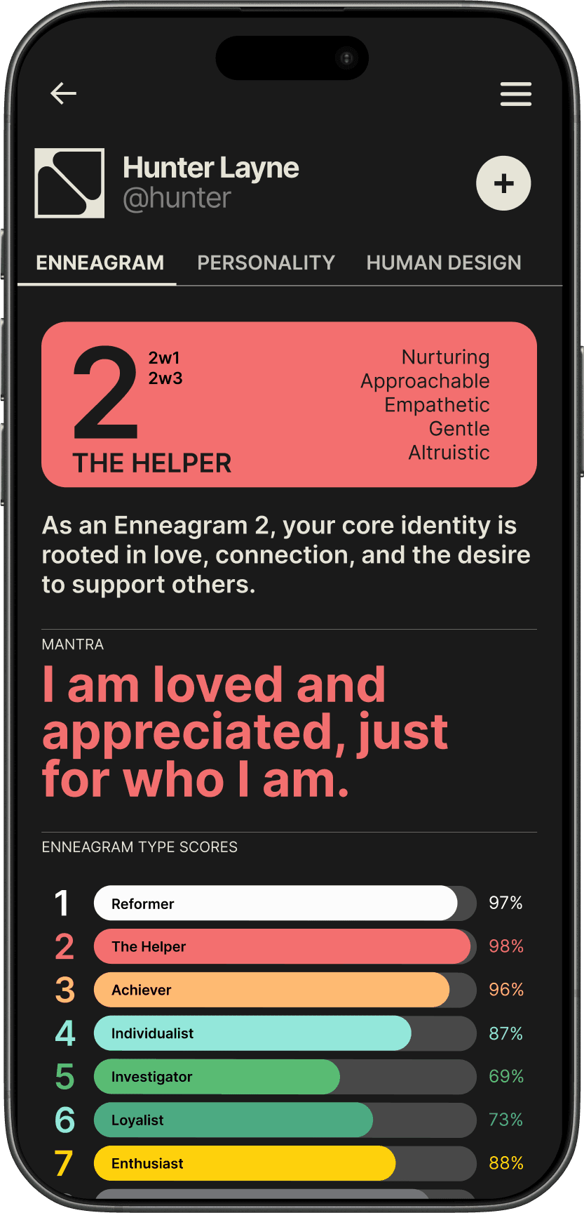 Mirror app Enneagram personality profile showing detailed personality type analysis